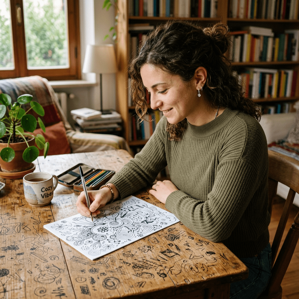 Woman sketching detailed drawings on paper at a cluttered wooden table with colored pencils nearby