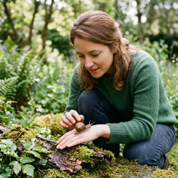 Woman kneeling in garden holding a snail on her hand