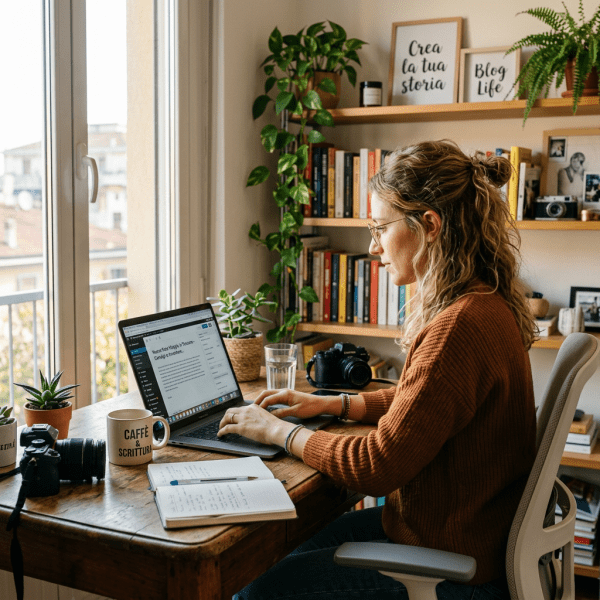 Woman typing on laptop at wooden desk near window with books, plants, and camera
