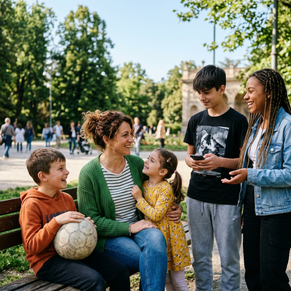 Family of five talking and laughing in park with soccer ball and phone