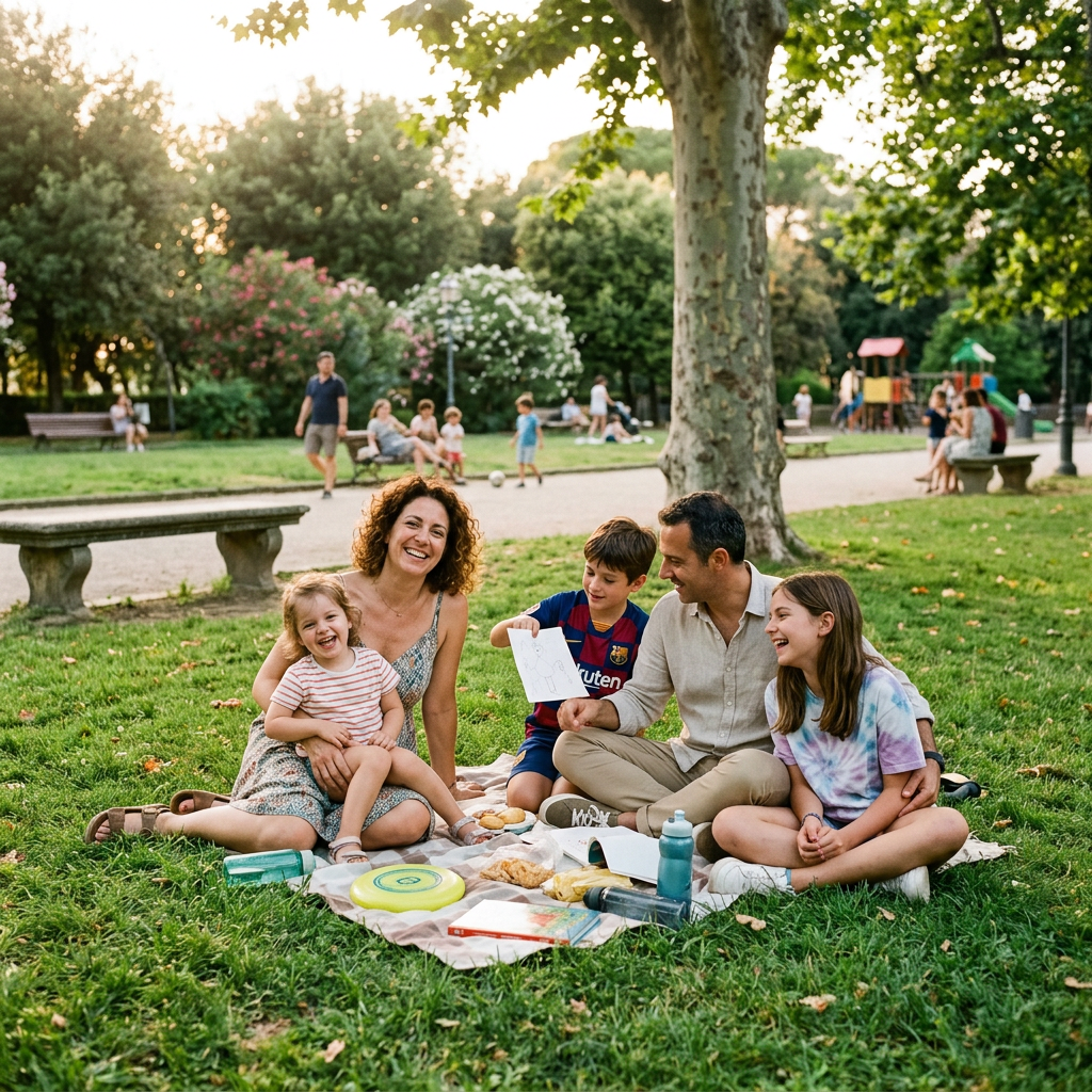 Family of two adults and three children sitting on a blanket with snacks and a frisbee in a park