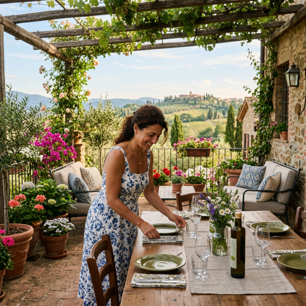 Woman setting plates on wooden table outdoors with flowers and countryside view