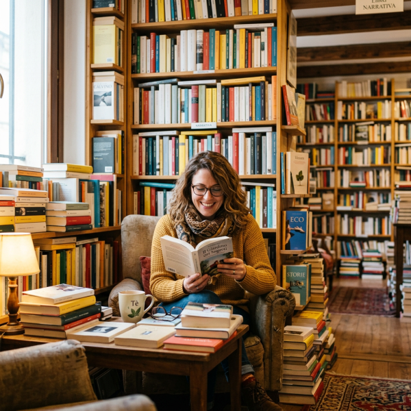 Woman reading a book in a cozy corner surrounded by bookshelves