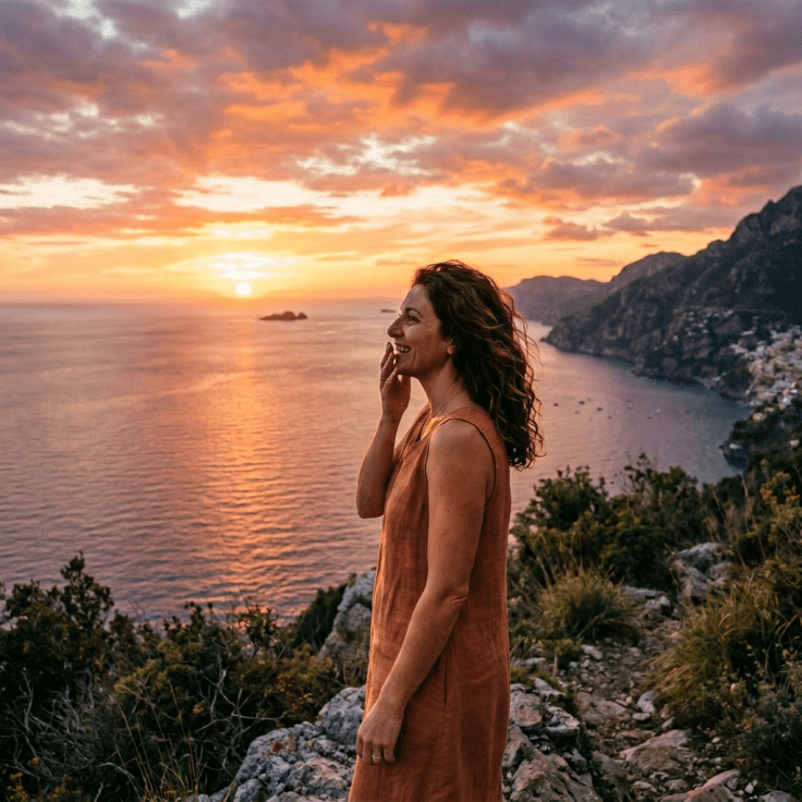 Woman standing on rocky coastline at sunset with ocean and cliffs