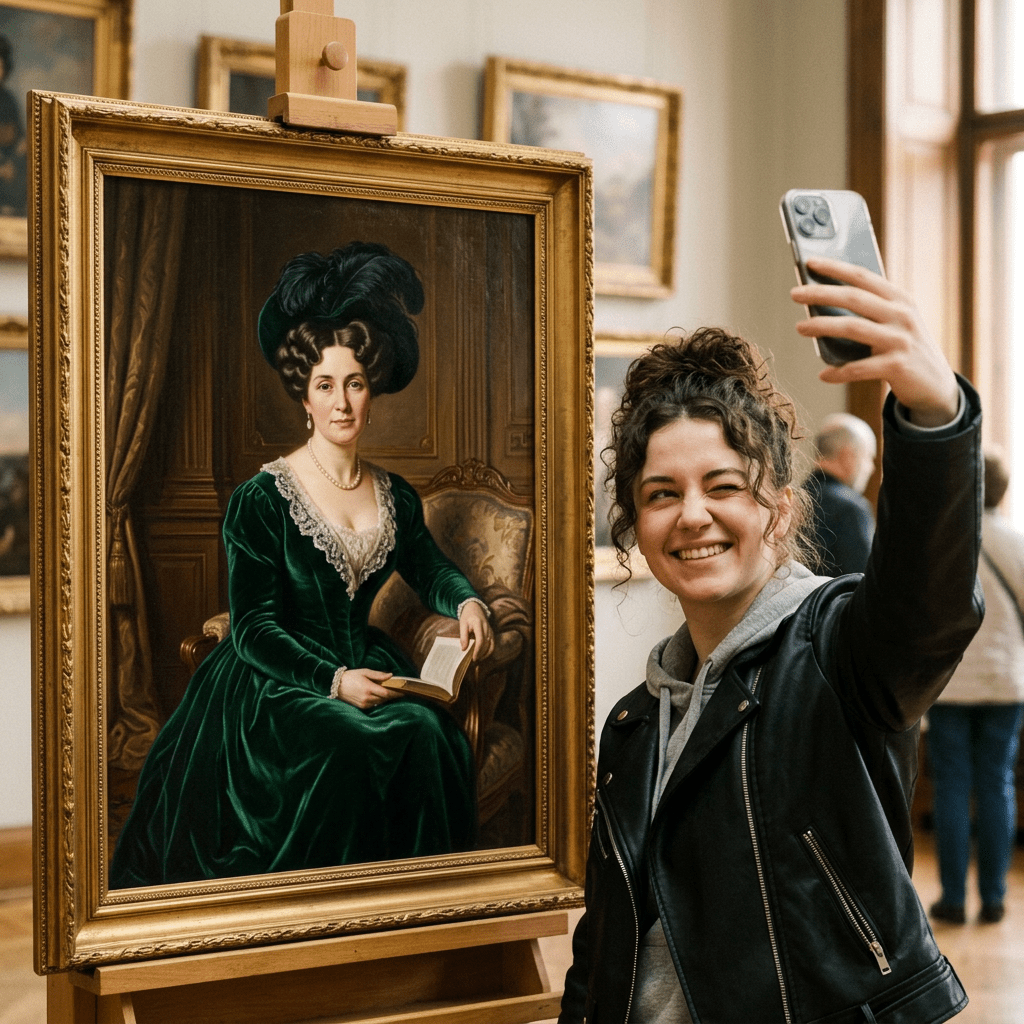 Young woman taking a selfie next to a framed portrait of a woman in green velvet dress
