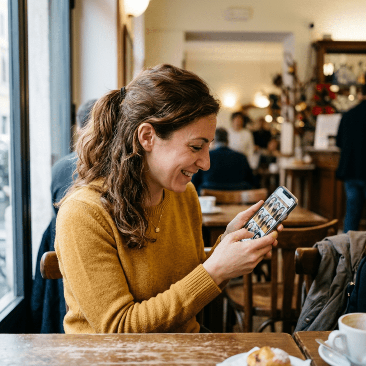 Smiling woman in mustard sweater viewing photos on smartphone in café