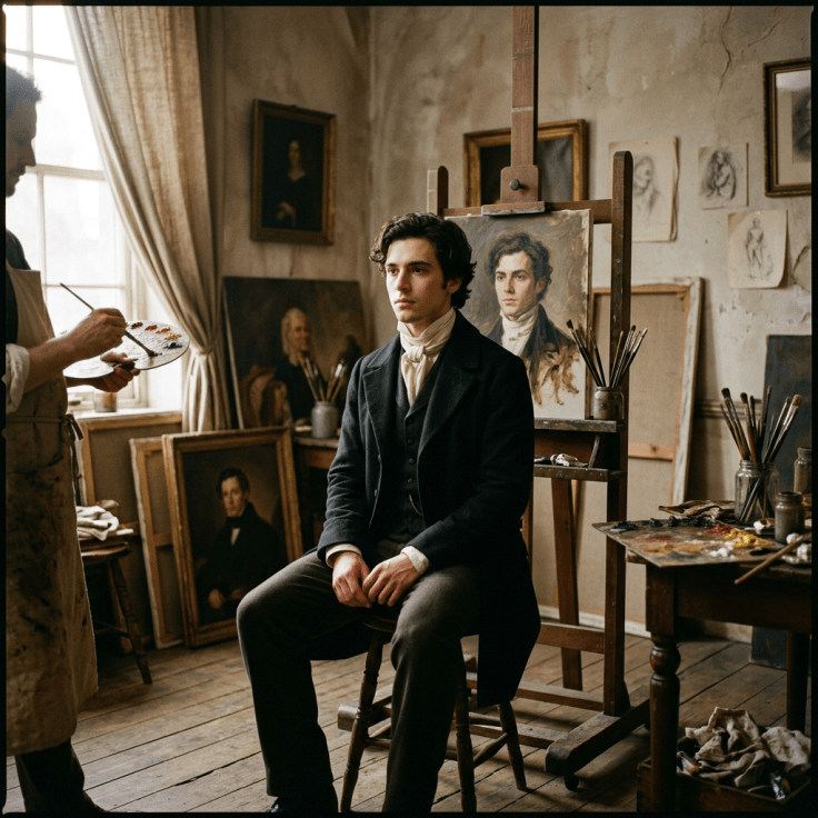 Young man sitting in an old artist's studio with a portrait painting of him on an easel