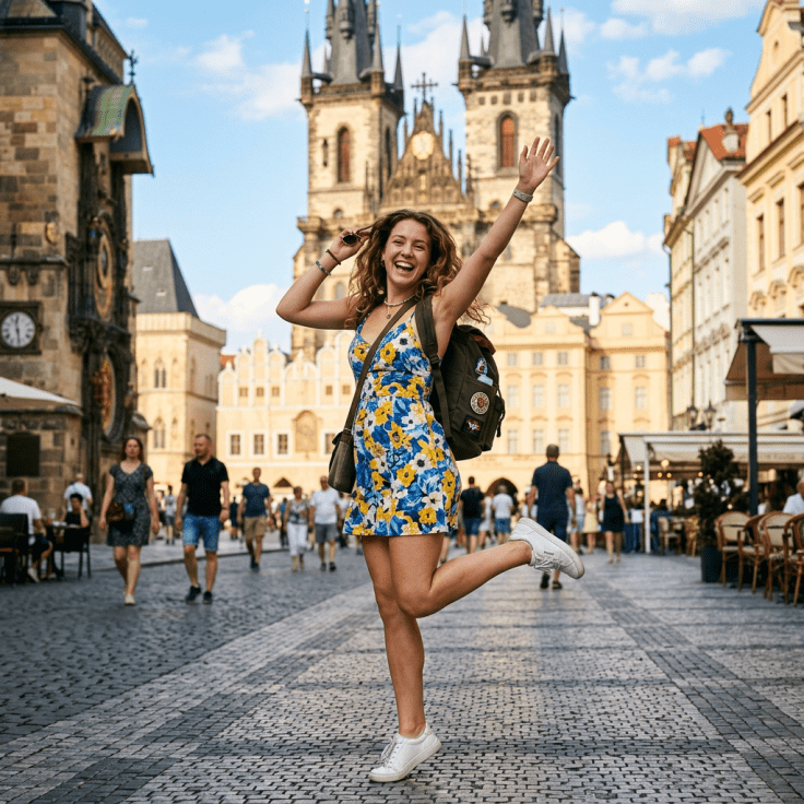Young woman in floral dress dancing in historic European square with old buildings