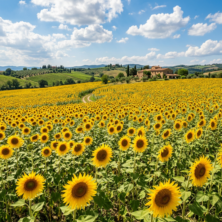 Field of blooming sunflowers with rural farmhouse and rolling hills in background