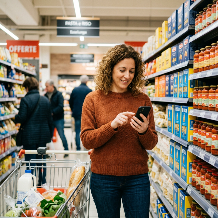 Woman using smartphone in grocery aisle with shopping cart containing groceries