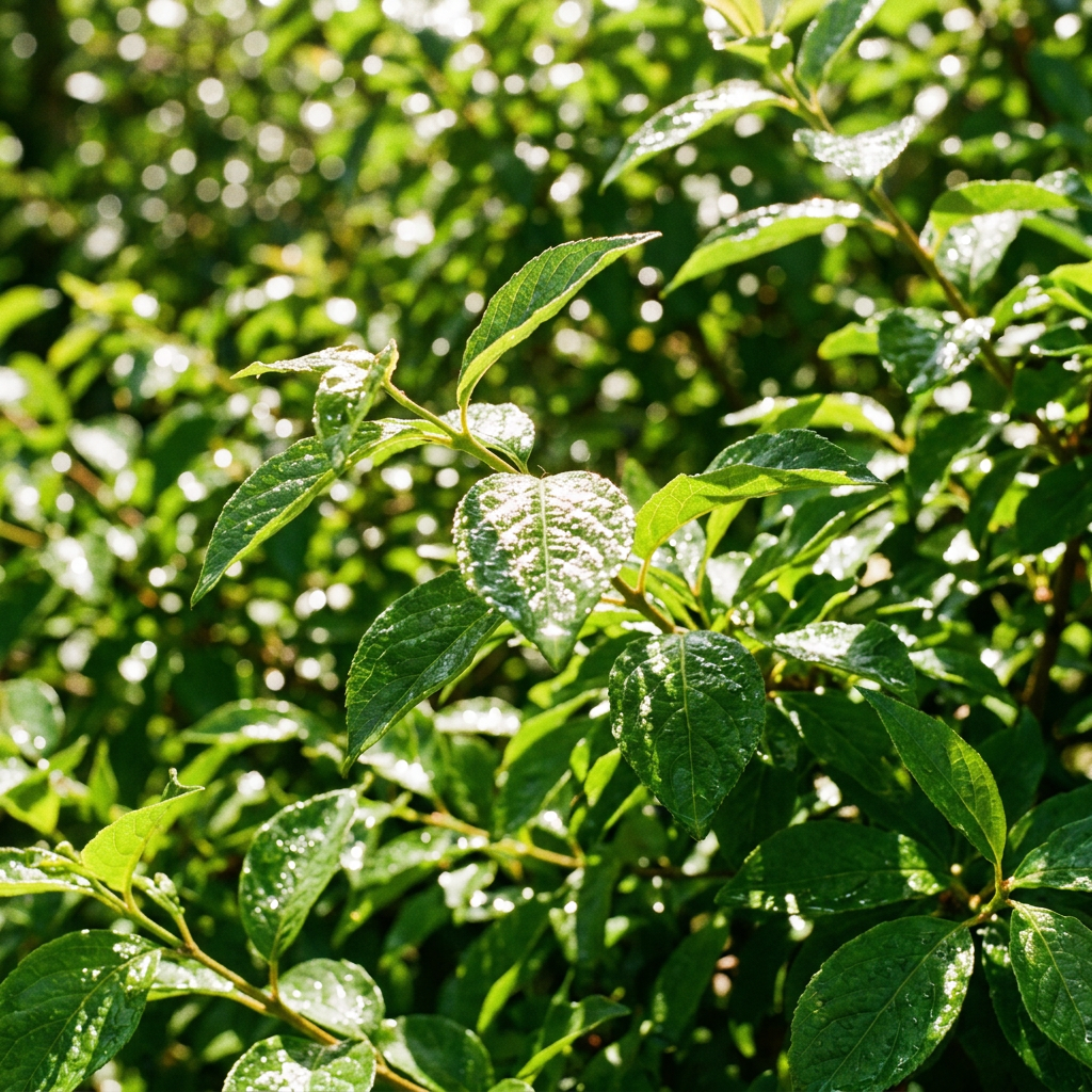 Green leaves covered with dew drops shining in sunlight
