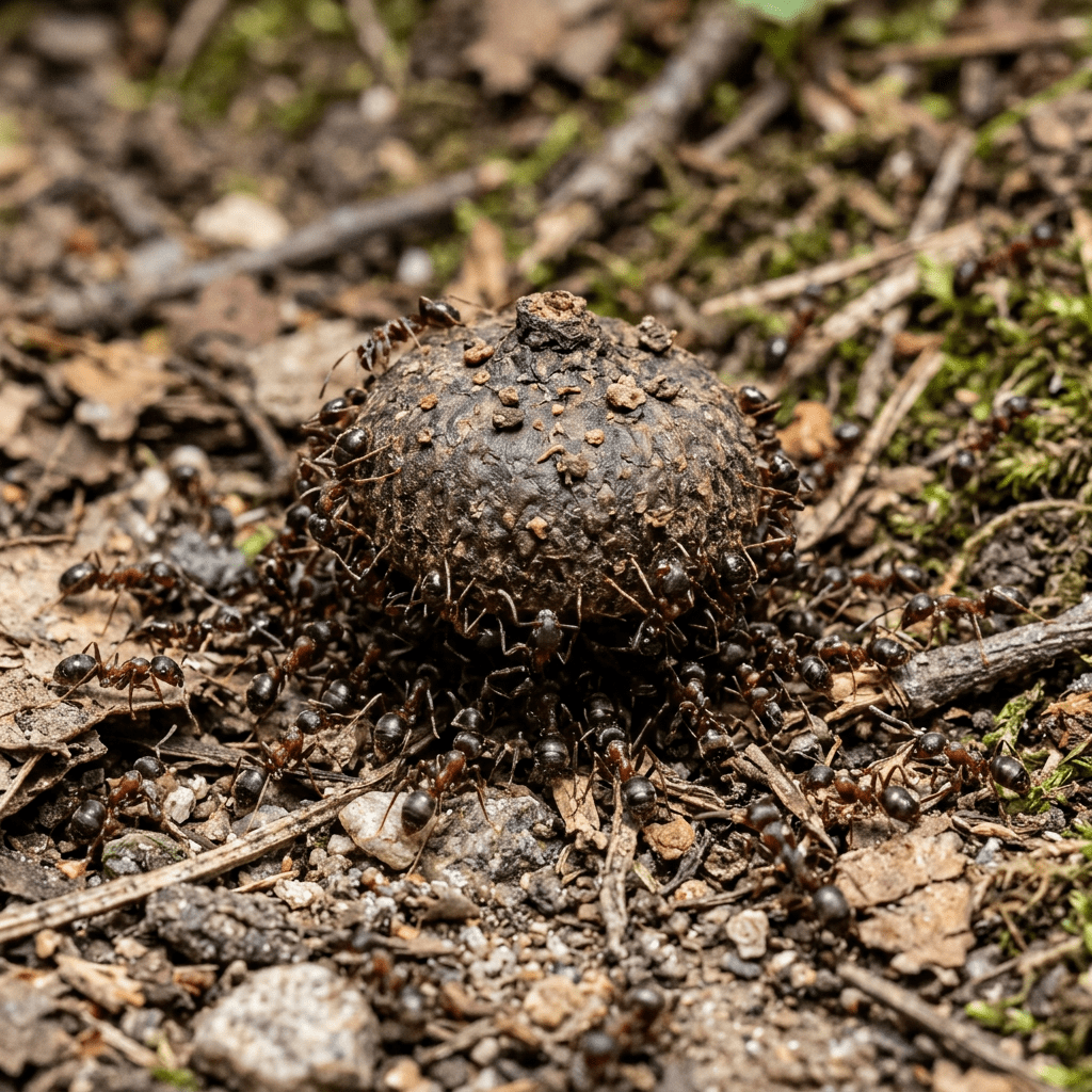 Multiple ants carrying a textured acorn cap on forest ground