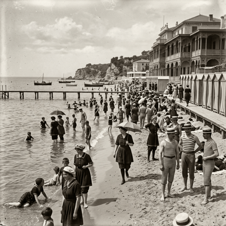 Crowd of people in vintage swimwear and dresses on a beach and in shallow water