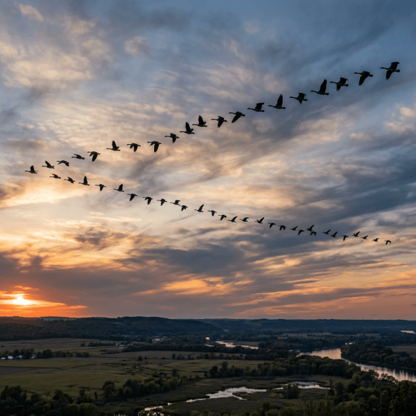 Flock of birds flying in V-formation over a river and landscape at sunset