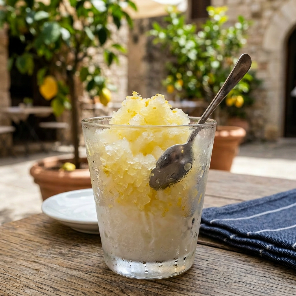 Glass of lemon granita with spoon on a wooden table
