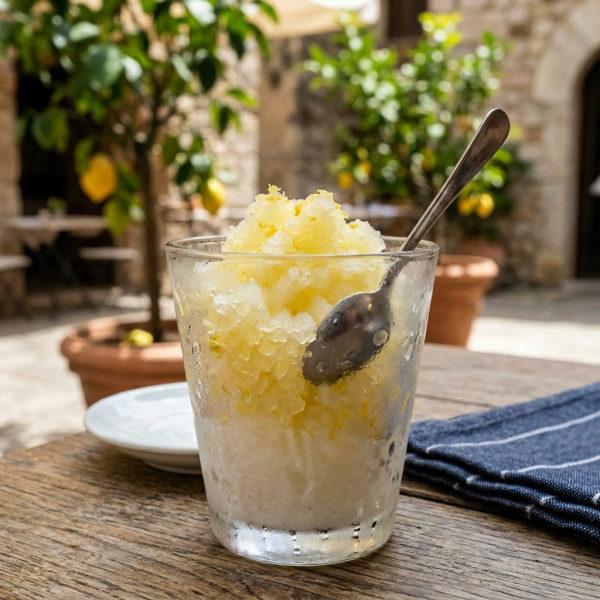 Glass of lemon granita with spoon on a wooden table