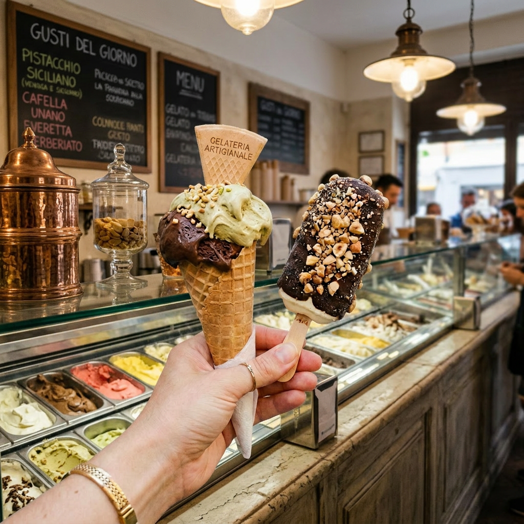 Hand holding a waffle cone with two scoops of gelato and a chocolate-covered ice cream bar with nuts