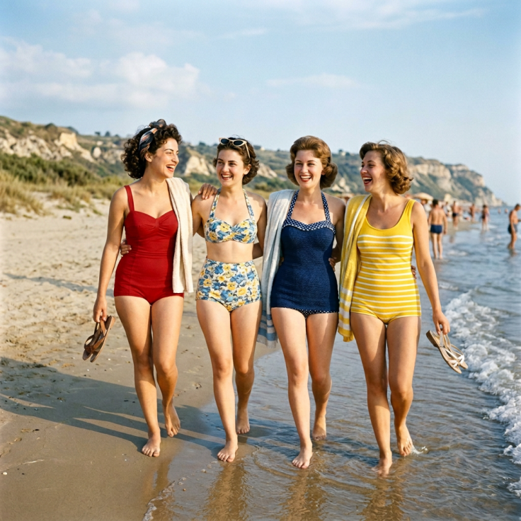 Four women in vintage swimsuits walking barefoot on a sandy beach near the ocean