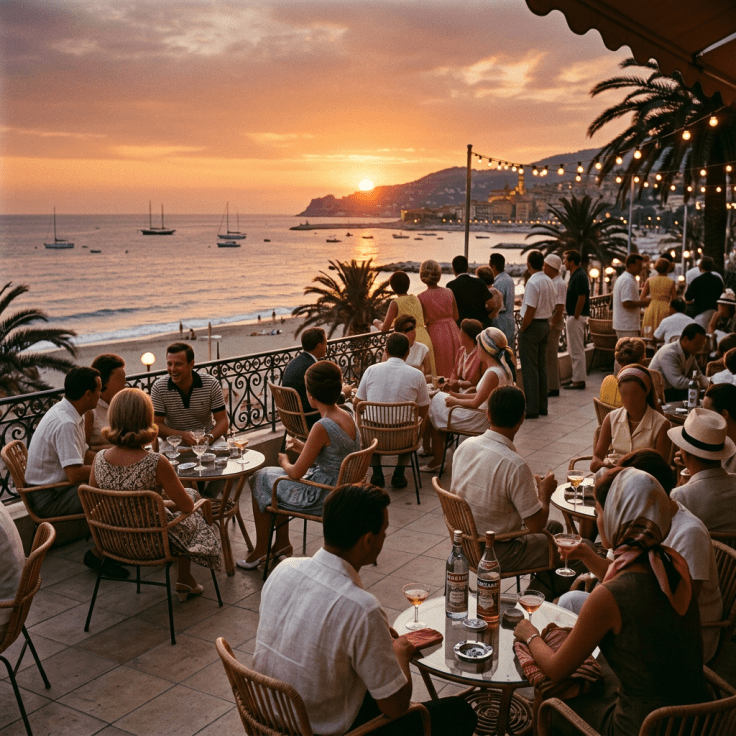 People socializing on a terrace with drinks during a sunset by the sea with sailboats on the water
