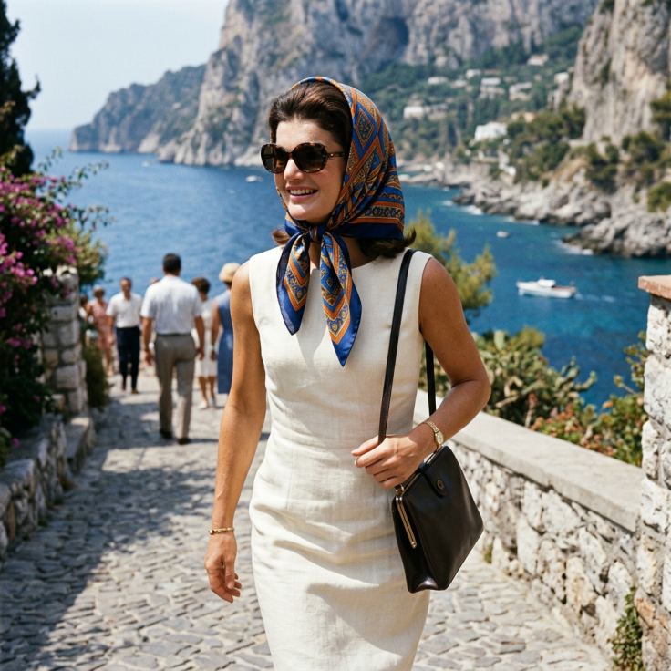 Woman in white dress and patterned headscarf walking along stone path by the sea.