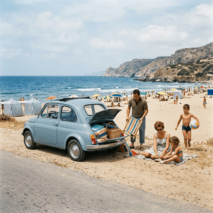 Family unpacking beach gear from vintage car on sandy shore with ocean and cliffs in background
