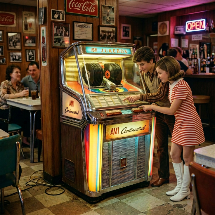 Retro AMI Continental jukebox with vinyl records in a bar