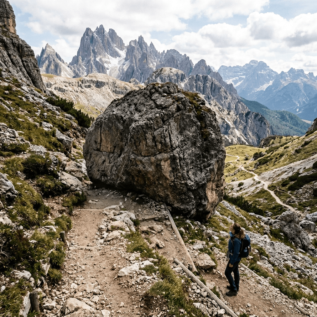 Hiker standing on a rocky mountain trail near a large boulder with jagged peaks in the background