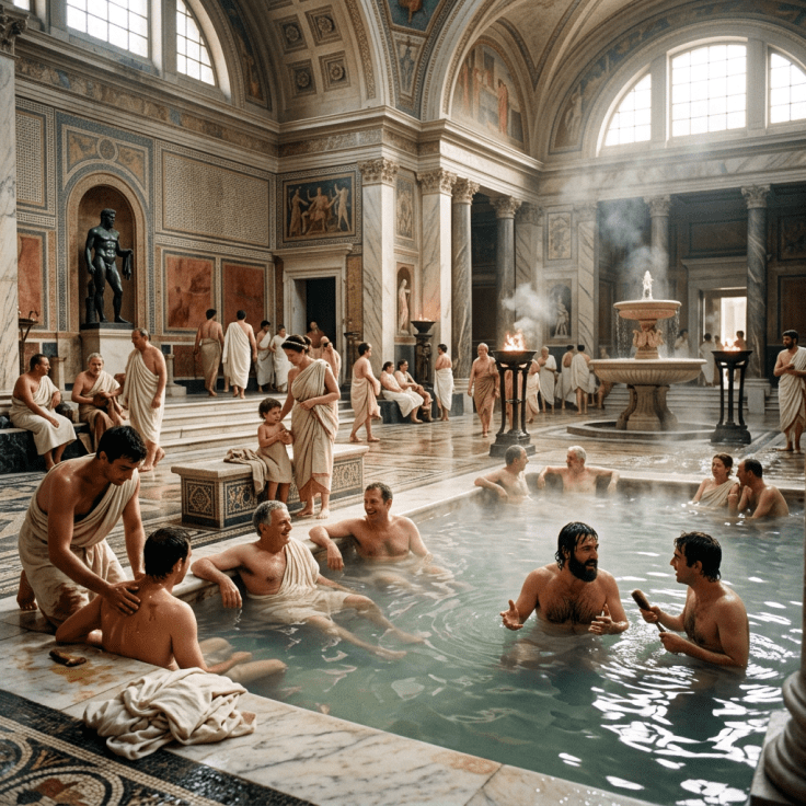 Group of Roman-dressed people bathing and conversing in ancient bathhouse pool