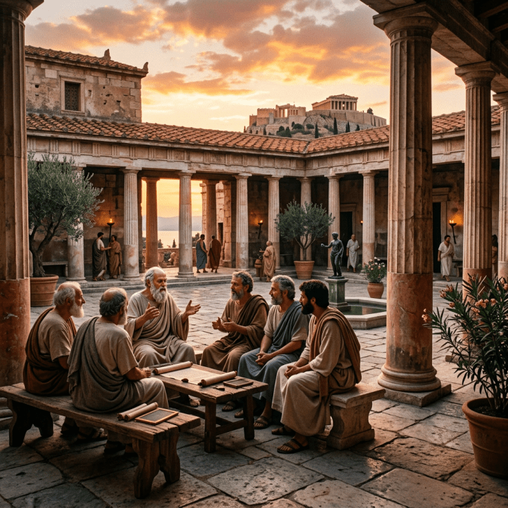 Ancient Greek philosophers discussing ideas in a stone courtyard with columns and scrolls