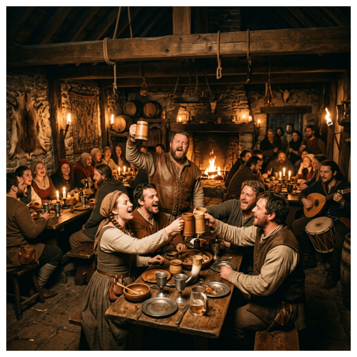 Group of people in medieval clothing enjoying a lively feast in a rustic tavern