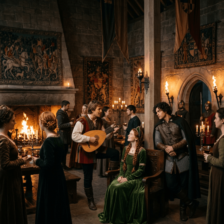 People in medieval attire gathered in a castle hall during a feast