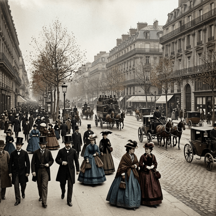 Crowded Paris street with men and women in period clothing and horse-drawn carriages