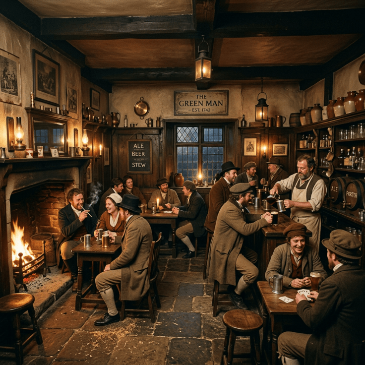 Group of people in period clothing socializing and drinking ale in a historic pub