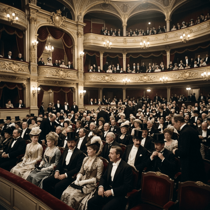 Elegant 19th-century audience inside ornate theater