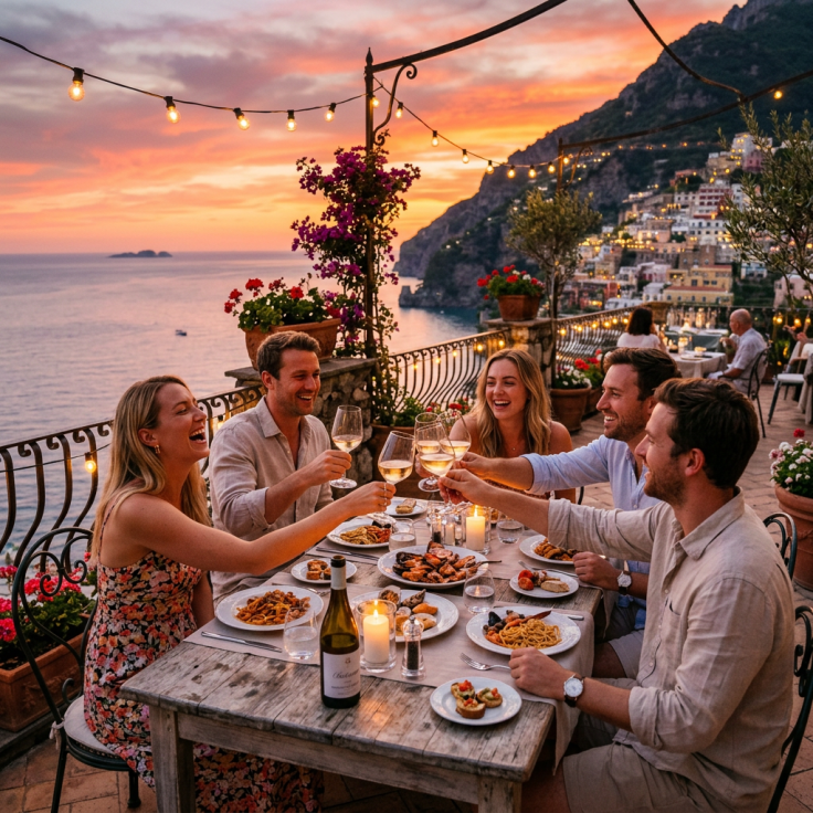 Group of friends clinking wine glasses around a table with food on a seaside terrace at sunset