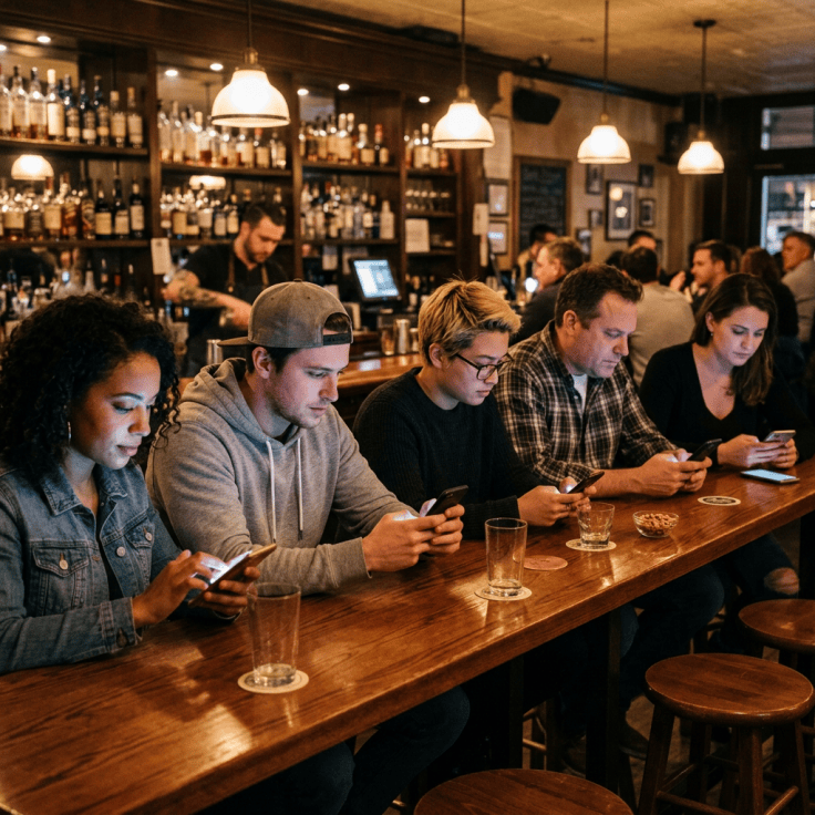Five people sitting at a wooden bar counter in a dimly lit pub, all looking at their phones.