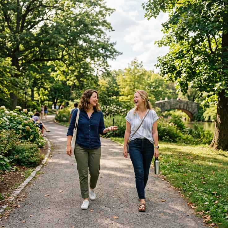 Two women walking and talking on a tree-lined park path