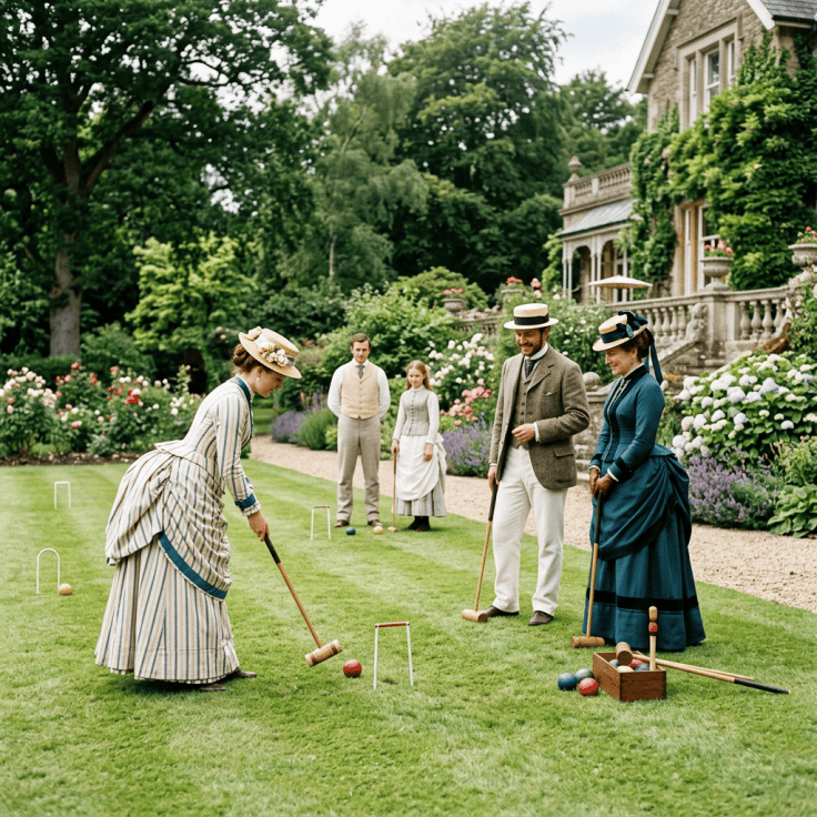 Four Victorian-dressed people playing croquet on grass lawn beside historic ivy-covered house