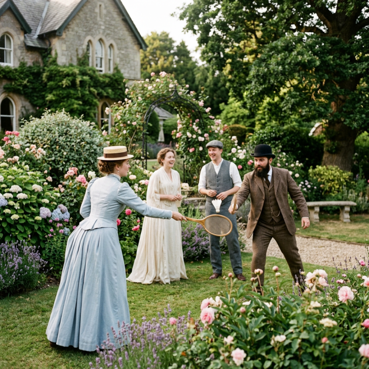 Four Victorian-era dressed people playing badminton in a flower-filled garden