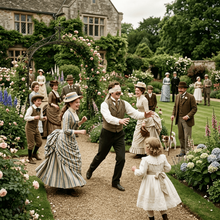 People in Victorian clothes playing blindfold game in flower garden