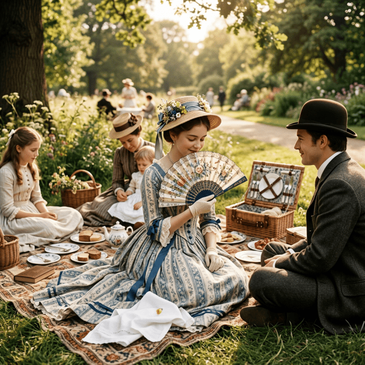 Victorian girl using fan language at picnic