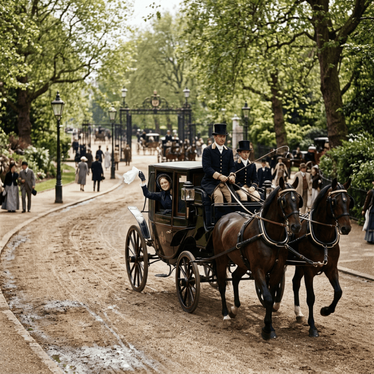 Victorian carriage leaving park, lady waving handkerchief