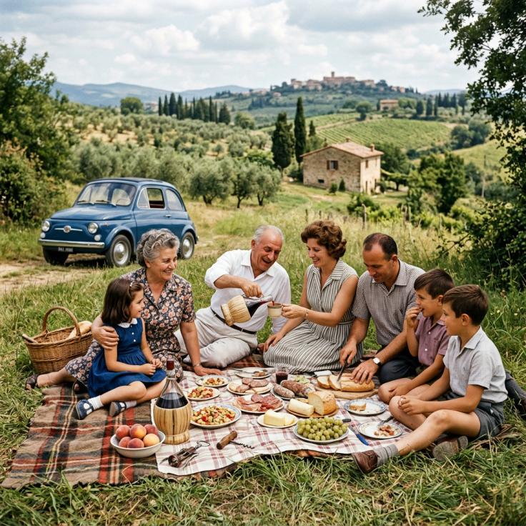 Family having a picnic outdoors with food and drink spread on blanket