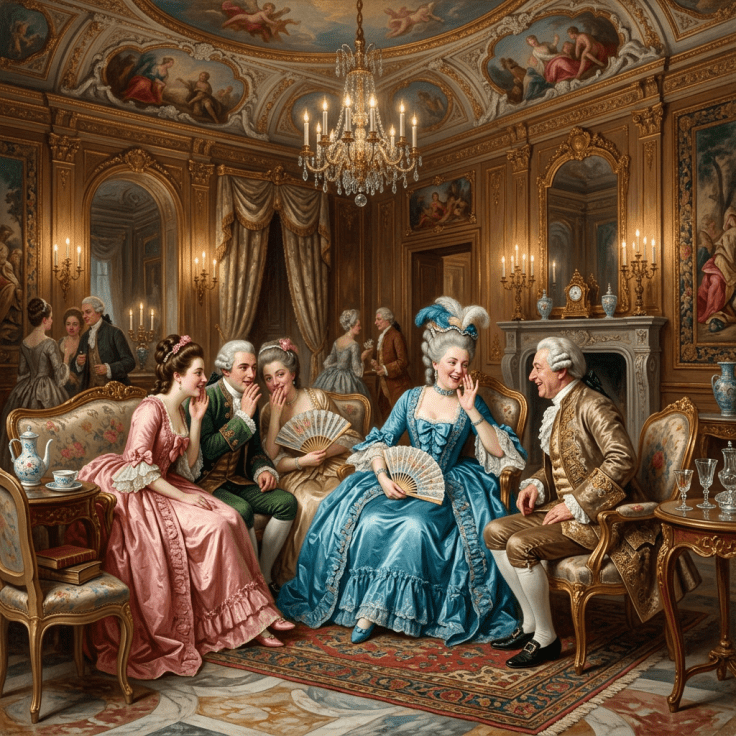 Aristocratic guests conversing in an ornate salon beneath a chandelier