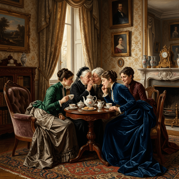 Four women drinking tea while two whisper in an ornate Victorian parlor