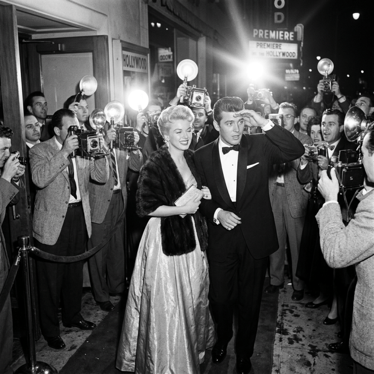 Glamorous couple surrounded by photographers beneath Hollywood premiere signs