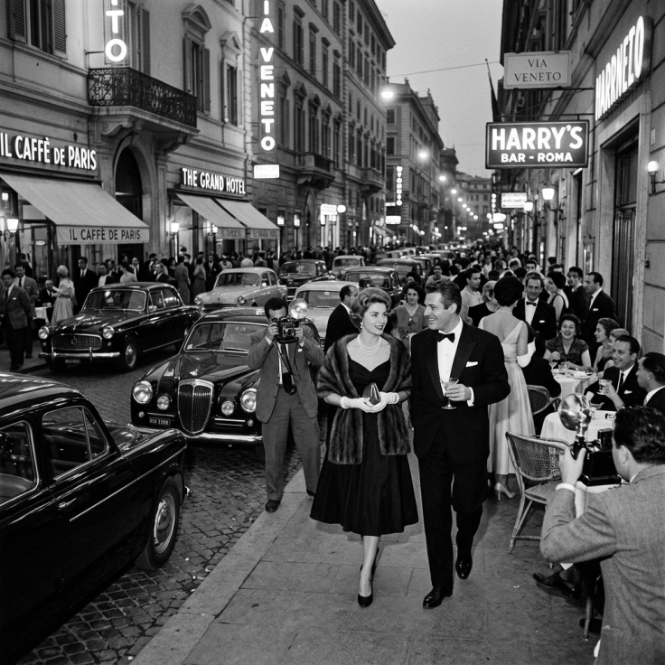 Couple walking on Via Veneto past Harry’s Bar, vintage cars, and photographers