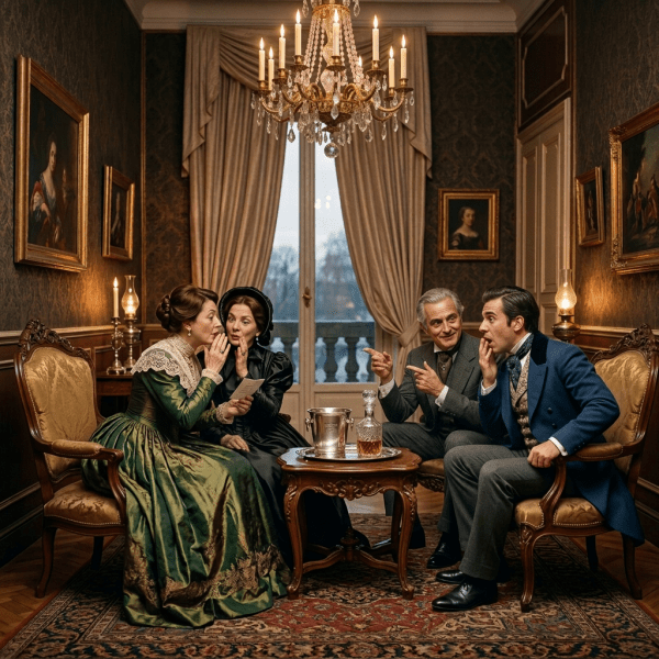 Four adults conversing around a table in an elegant salon