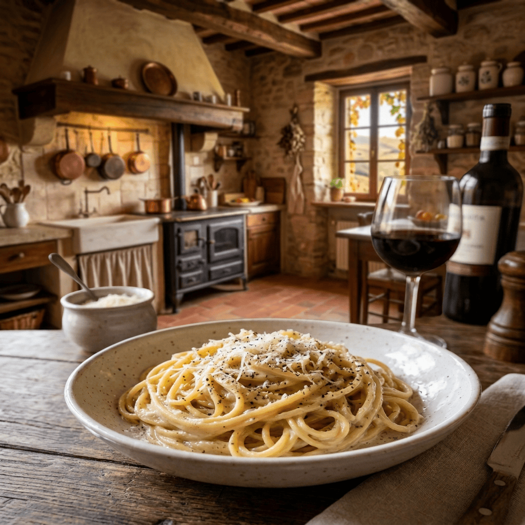 Bowl of creamy peppered pasta beside red wine and grated cheese
