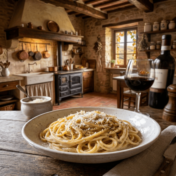 Bowl of creamy peppered pasta beside red wine and grated cheese